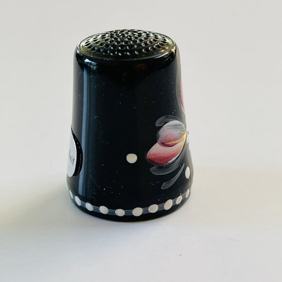 Black Floral Thimble Vintage Ceramic Hand Painted Flower Western Germany Gift - Picture 4 of 6